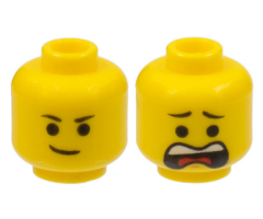 Minifigure, Head Dual Sided Black Eyebrows, Lopsided Smile / Open Mouth Scared Pattern (Emmet)