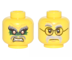 Minifigure, Head Dual Sided Gray Eyebrows, Green Eye Paint, Grimace / Gray Eyebrows and Moustache, Black Round Glasses Pattern