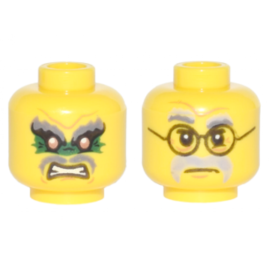 Minifigure, Head Dual Sided Gray Eyebrows, Green Eye Paint, Grimace / Gray Eyebrows and Moustache, Black Round Glasses Pattern