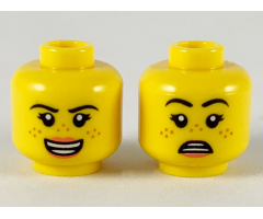 Minifigure, Head Dual Sided Female Black Eyebrows, Medium Nougat Freckles, Coral Lips, Open Mouth Smile / Scared Pattern