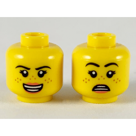 Minifigure, Head Dual Sided Female Black Eyebrows, Medium Nougat Freckles, Coral Lips, Open Mouth Smile / Scared Pattern