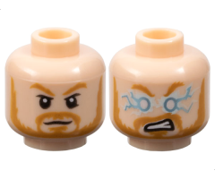 Minifigure, Head Dual Sided Medium Nougat Eyebrows, Moustache, and Beard, Neutral / Metallic Light Blue and White Lightning Eyes and Angry Open Mouth with Teeth Pattern
