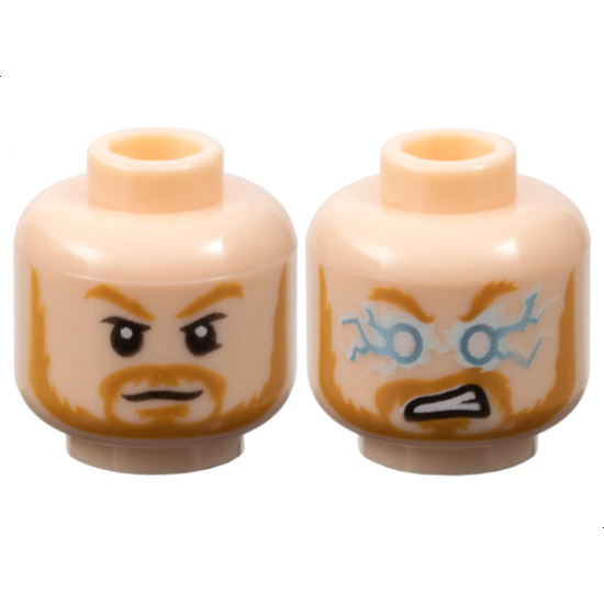 Minifigure, Head Dual Sided Medium Nougat Eyebrows, Moustache, and Beard, Neutral / Metallic Light Blue and White Lightning Eyes and Angry Open Mouth with Teeth Pattern