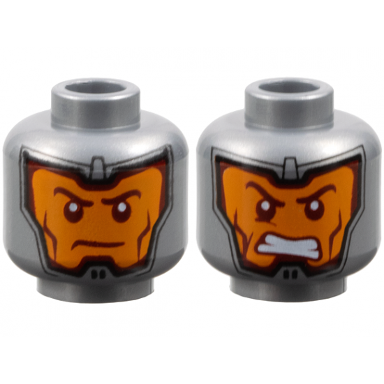 Minifigure, Head Dual Sided Balaclava, Orange Face, Dark Red Eyebrows and Cheek Lines, Firm / Gritted Teeth Pattern