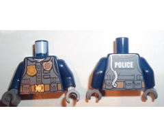 Torso Dark Bluish Gray Body Armor Vest with Strap over White Shirt, Medium Nougat Belt with Pouches and Silver Buckle, Gold Star Badge, Radio with Cord, Thin Font 'POLICE' on Back Pattern / Dark Blue Arms / Dark Bluish Gray Hands
