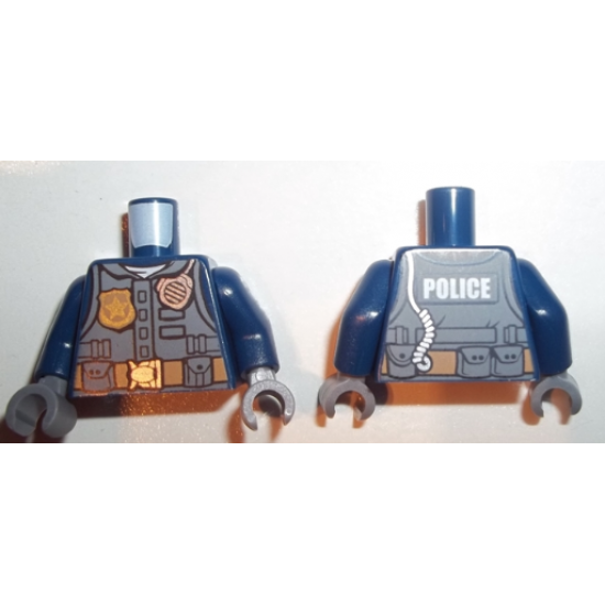Torso Dark Bluish Gray Body Armor Vest with Strap over White Shirt, Medium Nougat Belt with Pouches and Silver Buckle, Gold Star Badge, Radio with Cord, Thin Font 'POLICE' on Back Pattern / Dark Blue Arms / Dark Bluish Gray Hands