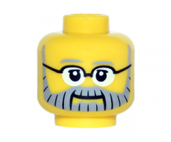 Minifigure, Head Gray Eyebrows and Full Beard with Black Lines, Black Glasses and White Pupils Pattern