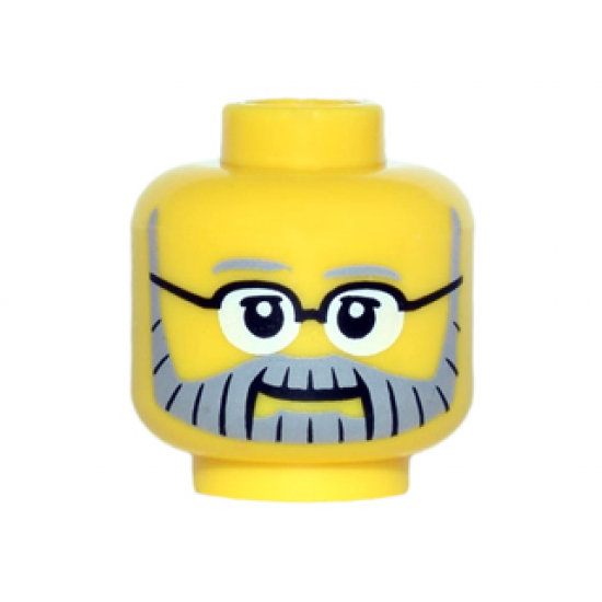 Minifigure, Head Gray Eyebrows and Full Beard with Black Lines, Black Glasses and White Pupils Pattern