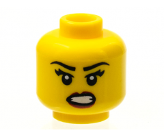 Minifigure, Head Female Black Eyebrows, Eyelashes, Angry Open Mouth with Bared Teeth, Dark Red Lips Pattern