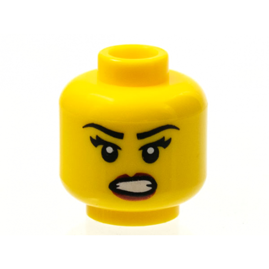 Minifigure, Head Female Black Eyebrows, Eyelashes, Angry Open Mouth with Bared Teeth, Dark Red Lips Pattern