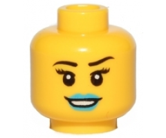 Minifigure, Head Female Black Eyebrows, Eyelashes, Dark Azure Lips, Open Mouth Smile with Teeth Pattern