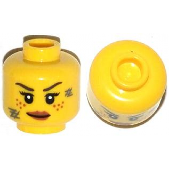 Minifigure, Head Female Dark Brown Eyebrows, Dark Orange Freckles, Eyelashes, Dark Bluish Gray Scratches, Dark Orange Lips Pattern