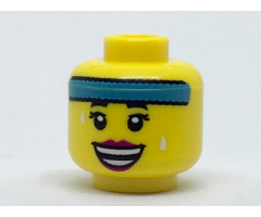 Minifigure, Head Female Dark Azure Headband, Black Eyebrows, Eyelashes, White Sweat Drops, Magenta Lips, Open Mouth Smile with Teeth Parted Pattern