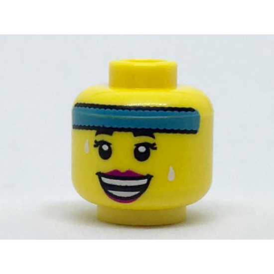 Minifigure, Head Female Dark Azure Headband, Black Eyebrows, Eyelashes, White Sweat Drops, Magenta Lips, Open Mouth Smile with Teeth Parted Pattern