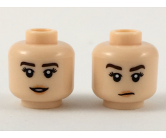 Minifigure, Head Dual Sided Female Dark Brown Eyebrows, Black Eyelashes, Nougat Lips, Small Open Mouth Smile with Teeth / Lopsided Neutral Pattern