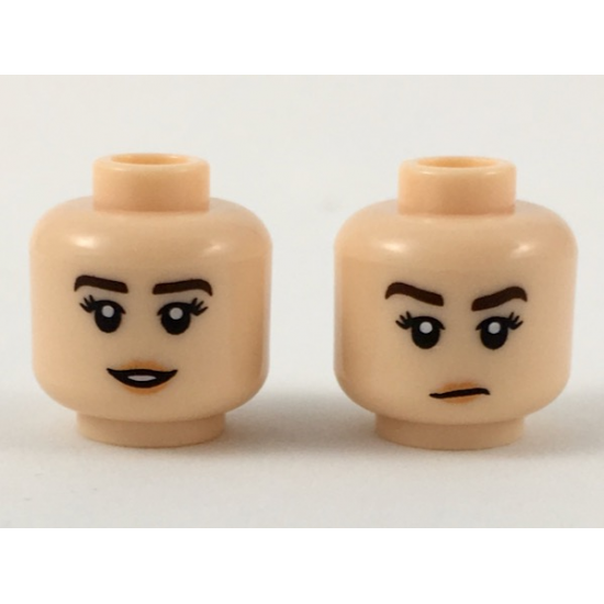 Minifigure, Head Dual Sided Female Dark Brown Eyebrows, Black Eyelashes, Nougat Lips, Small Open Mouth Smile with Teeth / Lopsided Neutral Pattern