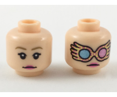 Minifigure, Head Dual Sided Female Dark Tan Eyebrows, Dark Pink Lips, Neutral / Gold and Dark Pink Spectrespecs Pattern