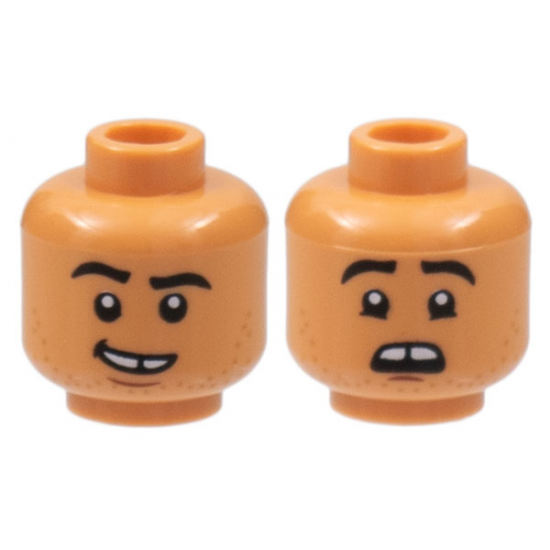 Minifigure, Head Dual Sided Black Eyebrows, Gap in Teeth, Stubble, Lopsided Smile / Scared Pattern