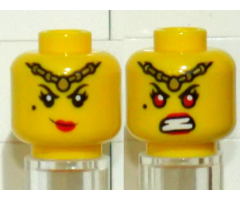 Minifigure, Head Dual Sided Female Gold Headband, Beauty Mark, and Red Lips / Angry Red Eyes and Open Mouth Grimace with White Teeth Pattern