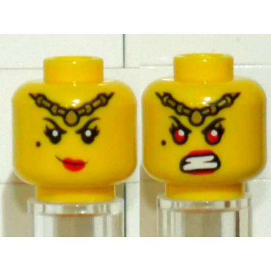Minifigure, Head Dual Sided Female Gold Headband, Beauty Mark, and Red Lips / Angry Red Eyes and Open Mouth Grimace with White Teeth Pattern