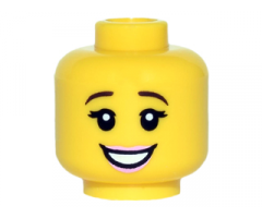 Minifigure, Head Female Dark Brown Eyebrows, Black Eyelashes, Bright Pink Lips, Open Mouth Smile with Teeth Pattern