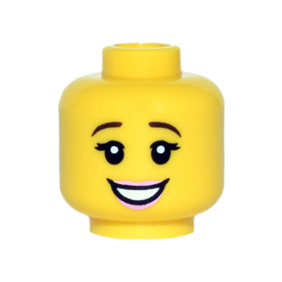 Minifigure, Head Female Dark Brown Eyebrows, Black Eyelashes, Bright Pink Lips, Open Mouth Smile with Teeth Pattern
