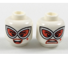 Minifigure, Head Dual Sided Female Large Silver Goggles with Red Lenses, Red Lips and Diamond Beauty Mark, Smile / Frown Pattern