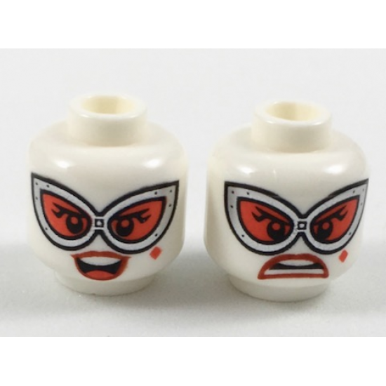 Minifigure, Head Dual Sided Female Large Silver Goggles with Red Lenses, Red Lips and Diamond Beauty Mark, Smile / Frown Pattern