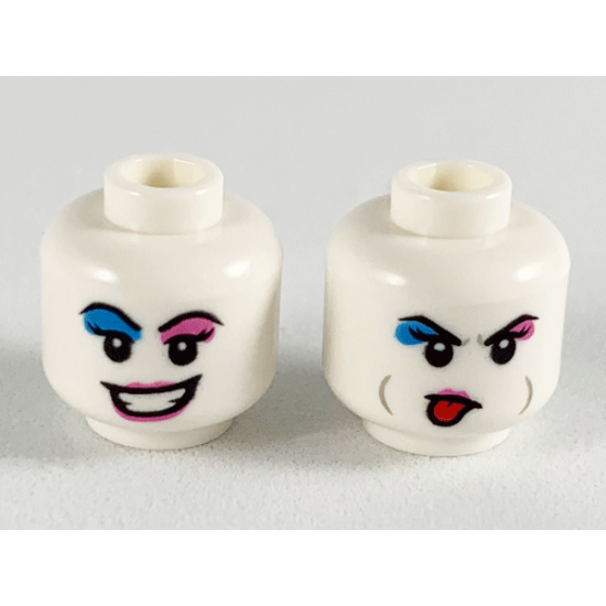Minifigure, Head Dual Sided Female Dark Azure and Dark Pink Eye Shadow, Dark Pink Lips, Smile / Sticking Out Tongue Pattern