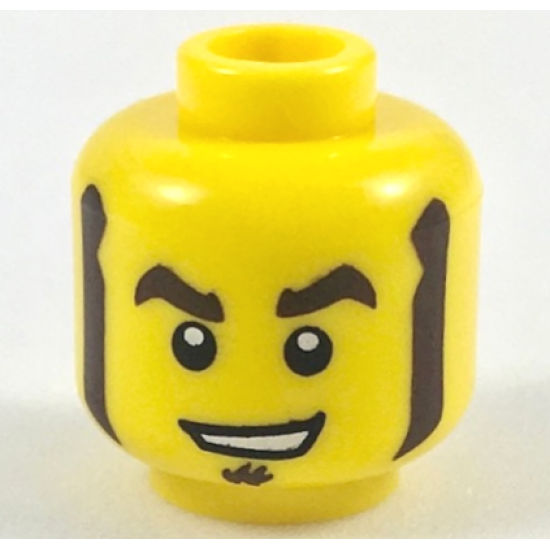 Minifigure, Head Dark Brown Thick Eyebrows, Mutton Chops and Soul Patch, Lopsided Open Mouth Smile with Teeth Pattern