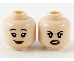 Minifigure, Head Dual Sided Female, Black Eyebrows, Dark Red Lips, Smile, Scowl with Teeth Pattern
