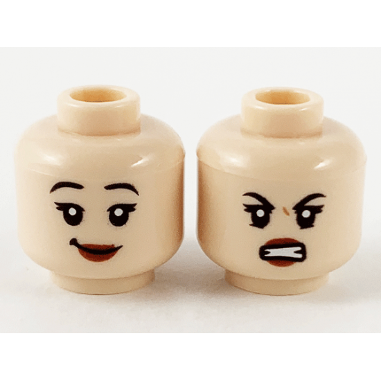 Minifigure, Head Dual Sided Female, Black Eyebrows, Dark Red Lips, Smile, Scowl with Teeth Pattern
