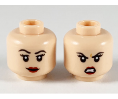 Minifigure, Head Dual Sided Female, Black Eyebrows, Dark Red Lips, Smile with Raised Right Eyebrow / Scowl Pattern