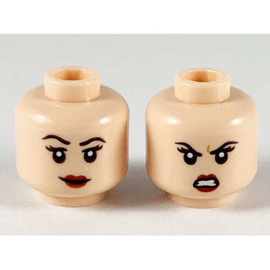 Minifigure, Head Dual Sided Female, Black Eyebrows, Dark Red Lips, Smile with Raised Right Eyebrow / Scowl Pattern