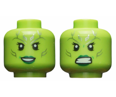 Minifigure, Head Dual Sided Alien Female with Silver Tattoos, Eyelashes, Dark Green Lips, Open Mouth Smile / Angry Pattern