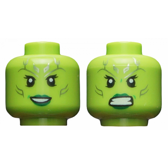 Minifigure, Head Dual Sided Alien Female with Silver Tattoos, Eyelashes, Dark Green Lips, Open Mouth Smile / Angry Pattern