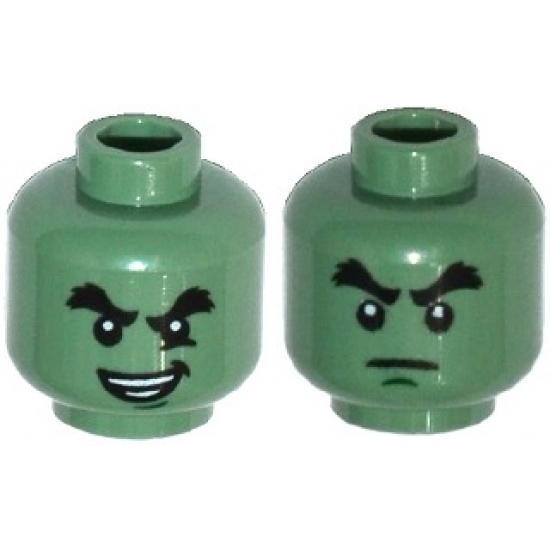 Minifigure, Head Dual Sided Black Bushy Eyebrows, Chin Dimple, Evil Smile, Crease under Eye / Determined Pattern