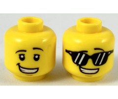 Minifigure, Head Dual Sided Black Eyebrows Left Raised, Lopsided Smile, Black Eyes / Sunglasses Pattern