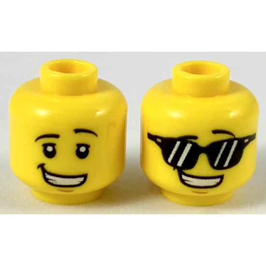 Minifigure, Head Dual Sided Black Eyebrows Left Raised, Lopsided Smile, Black Eyes / Sunglasses Pattern