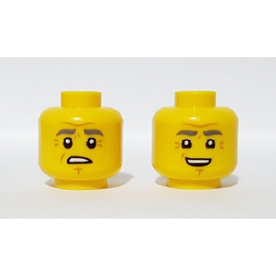 Minifigure, Head Dual Sided Dark Bluish Gray Eyebrows, Wrinkles, Worried / Smile Pattern