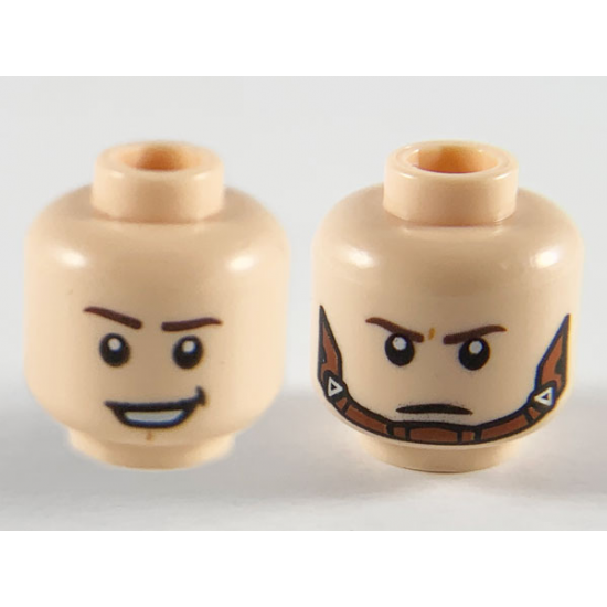 Minifigure, Head Dual Sided Dark Brown Eyebrows, Lopsided Grin / Reddish Brown Chin Strap Pattern
