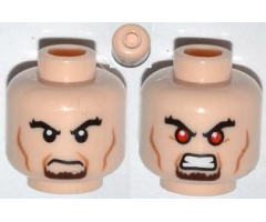 Minifigure, Head Dual Sided Black Bushy Eyebrows, Brown Goatee, Cheek Lines, Angry / Bared Teeth with Red Eyes Pattern