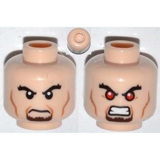 Minifigure, Head Dual Sided Black Bushy Eyebrows, Brown Goatee, Cheek Lines, Angry / Bared Teeth with Red Eyes Pattern