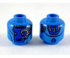 Minifigure, Head Alien Female with Blue Face, Dark Blue Lips, Mechanical Left Eye, Silver Stripes on Back, Neutral Pattern