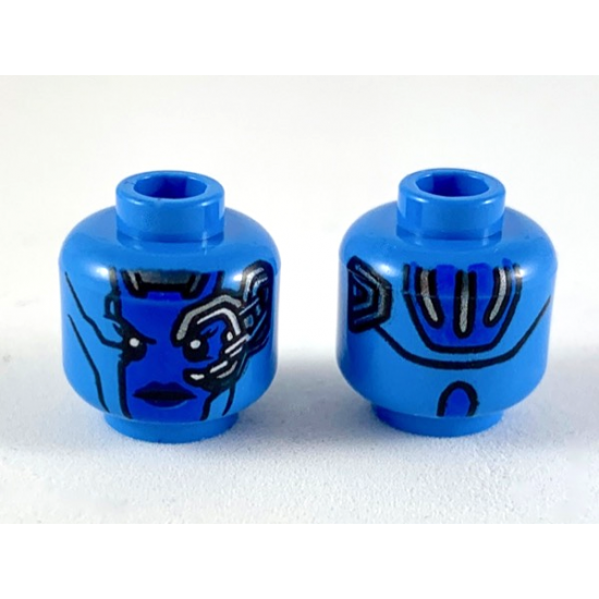 Minifigure, Head Alien Female with Blue Face, Dark Blue Lips, Mechanical Left Eye, Silver Stripes on Back, Neutral Pattern