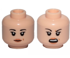Minifigure, Head Dual Sided Female Black Eyebrows, Light Orange Lips and Beauty Mark, Neutral / Angry Pattern (SW Rose)