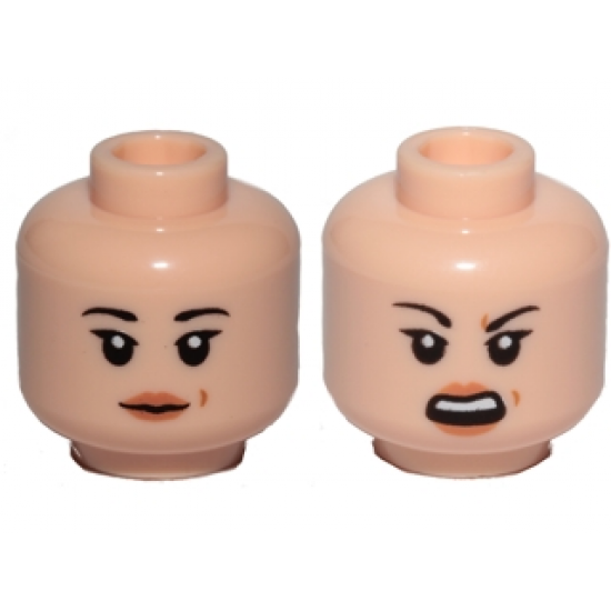 Minifigure, Head Dual Sided Female Black Eyebrows, Light Orange Lips and Beauty Mark, Neutral / Angry Pattern (SW Rose)