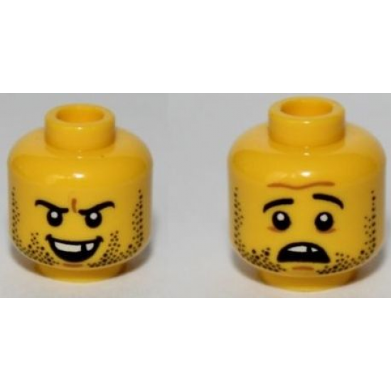 Minifigure, Head Dual Sided Beard Stubble, Missing Tooth, Open Grin / Frown Pattern