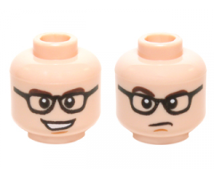 Minifigure, Head Dual Sided Black Glasses with Clear Lenses, Dark Brown Eyebrows, Open Mouth Smile with Teeth / Frown, Raised Eyebrow Pattern