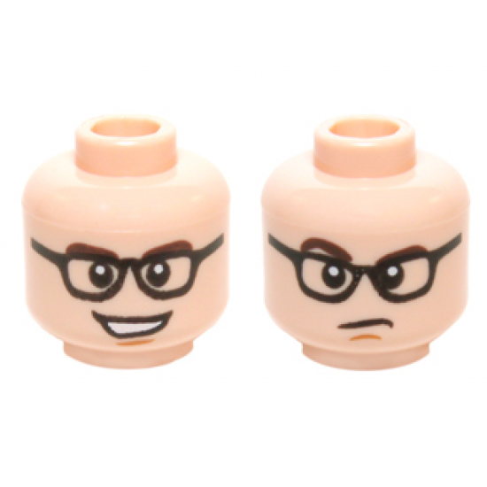 Minifigure, Head Dual Sided Black Glasses with Clear Lenses, Dark Brown Eyebrows, Open Mouth Smile with Teeth / Frown, Raised Eyebrow Pattern